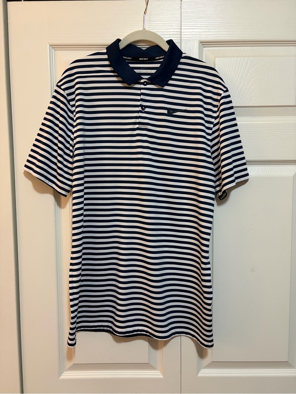 Nike Navy and White Striped Polo Shirt
